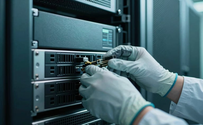 Close-up photography of a technician's gloved hand working on a server rack in a modern data center. The scene is illuminated with cool, professional lighting. The color palette features darkest teal and soft mist teal highlights on the metal surfaces.