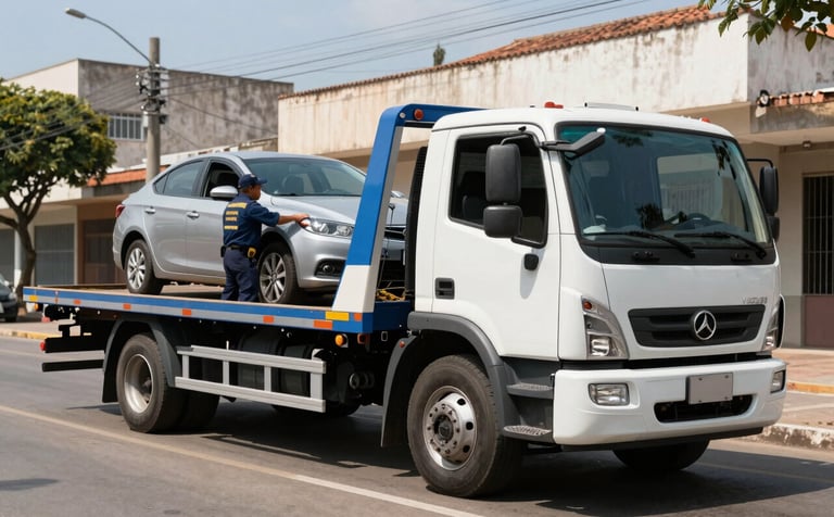 A professional white and blue flatbed tow truck parked on a clean Brazilian urban street. A uniformed driver is securing a modern sedan. Bright, clear daylight, highlighting reliability and efficiency. The scene conveys a sense of security and prompt assistance in a South American metropolitan setting.