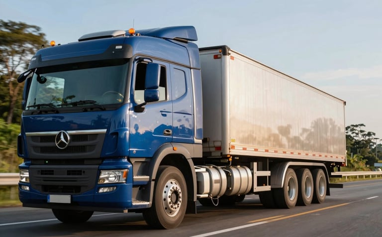 A powerful tow truck transporting a vehicle along a scenic Brazilian highway during a clear afternoon. Professional photography with a shallow depth of field, focusing on the secure attachment. Colors include deep blue and metallic silver, emphasizing long-distance reliability and safety.