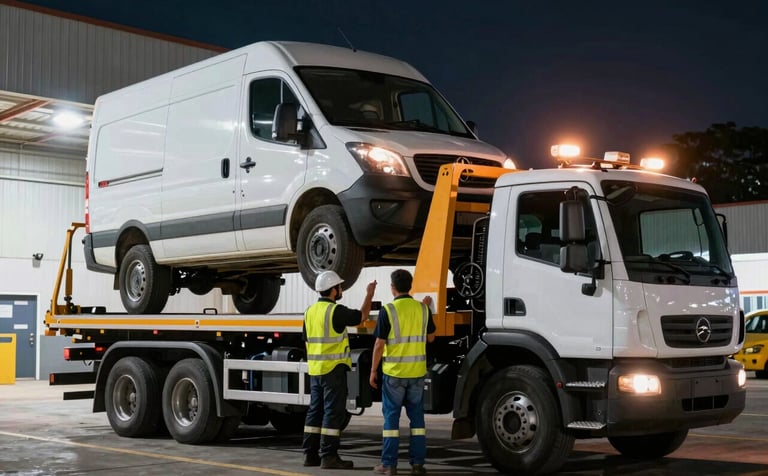 A heavy-duty industrial tow truck lifting a large delivery van in a Brazilian warehouse district. Night scene with professional emergency lighting, showing the truck's robust mechanisms and the team's efficiency in high-pressure situations. Strong focus on safety and professional gear.