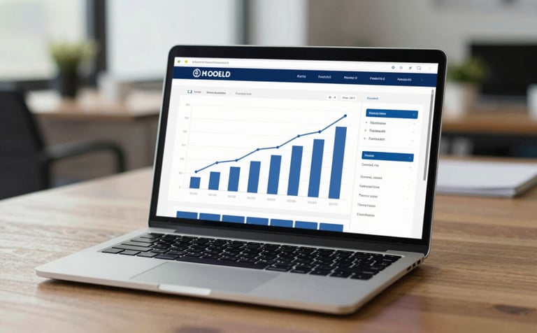 A professional and clean office setting featuring a laptop displaying clear financial growth charts on a wooden desk. Soft natural lighting illuminates the space. The scene projects reliability and strategic management, subtly incorporating the brand colors #0D232C and #84B0B8 in the decor and digital screen.