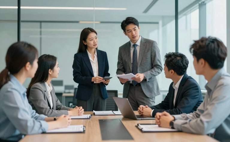 A group of professional business consultants in a modern, glass-walled boardroom discussing a strategy map. The mood is supportive and innovative. Sophisticated lighting with a color palette emphasizing #2C5F6D and #E8F3F5 in the architectural details.