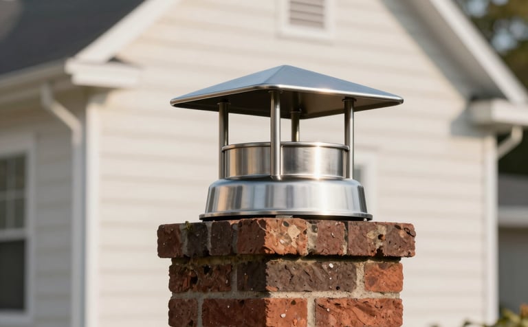 A high-quality stainless steel chimney cap installed on a sturdy brick chimney of a North American / US home. The morning light reflects off the metal, highlighting its clean, modern design against a soft off-white house exterior.