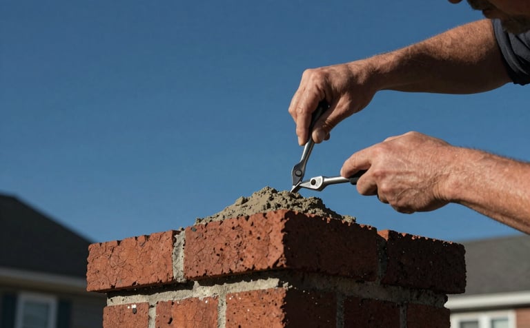 Close-up photography of a skilled technician repairing mortar on a red brick chimney top against a clear midnight blue sky in a North American / US suburban neighborhood. Sturdy silver gray tools are visible, conveying expert workmanship.