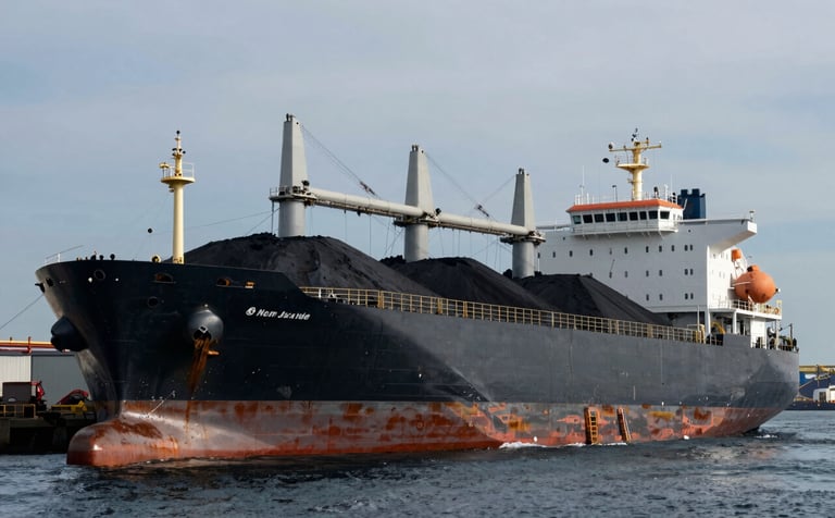 A high-end, professional photograph of a large cargo vessel at a North American industrial port, being loaded with iron ore. The scene features deep slate and muted blue tones of the water and sky, with a sharp focus on the metallic textures of the ship, conveying stability and industrial strength.