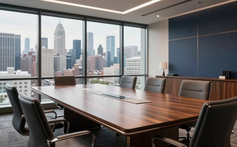 A professional wide-angle shot of a modern North American boardroom with a view of a city skyline. A clean, organized environment with bronze and deep slate accents, representing high-level logistics and supply chain consultancy. Natural, bright morning light.