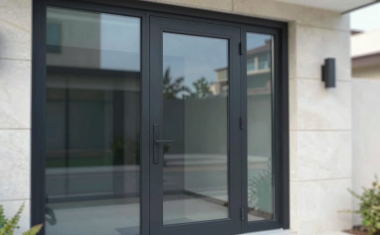 A close-up photograph of a modern residential entrance in Al Munsiyyah featuring a high-quality black aluminum frame glass door. The lighting is bright and clear, emphasizing the durable craftsmanship and sleek finish of the aluminum. The architectural style is minimalist and sophisticated, with brand colors #1F2937 and #4B5563 appearing in the door frame and surrounding stone textures.
