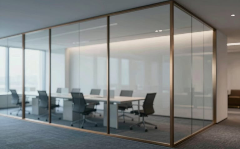 A clean, modern office interior showing elegant glass partitions with thin bronze-colored (#A68A6B) aluminum profiles. The atmosphere is professional and sophisticated. Soft, diffuse lighting highlights the clarity of the glass. The color palette includes #4B5563 for flooring and #F9FAFB for the walls, creating a trustworthy and reliable feel.