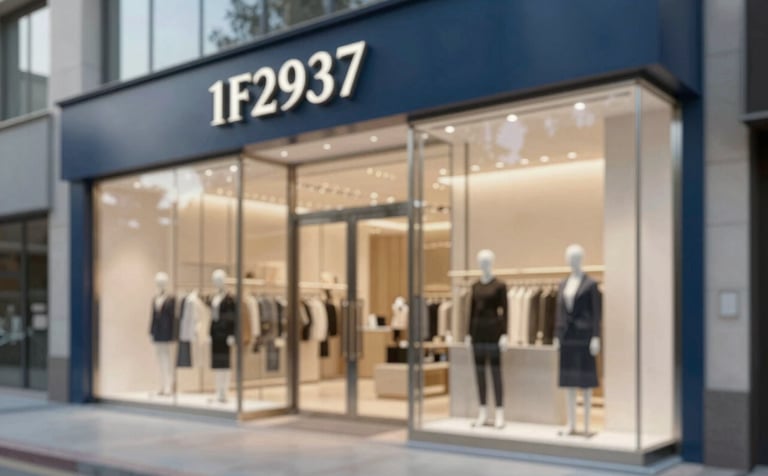 A high-end commercial shopfront featuring large, clear glass panels and a structural aluminum framework. The design is modern and striking, suitable for a luxury brand. The brand's color #1F2937 is used for the metal frames, while the lighting reflects a professional, clean street-side view in a developed area like Al Munsiyyah.