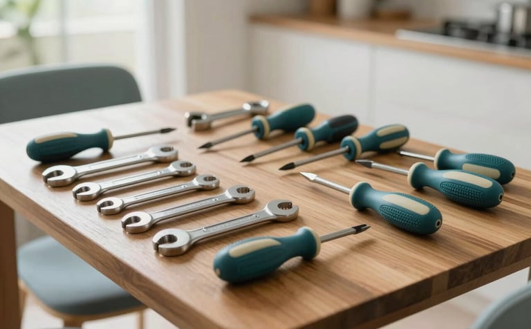 A collection of high-quality household tools like wrenches and screw drivers neatly organized on a clean wooden table inside a bright South American / Brazilian residential setting. Natural lighting, modern and accessible atmosphere, featuring soft teal and off-white accents.
