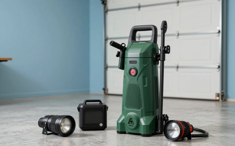 A professional-grade high-pressure washer and specialized party lighting equipment neatly placed in a modern South American / Brazilian garage space. Clean, organized background, industrial yet friendly style, using dark green and light blue tones.