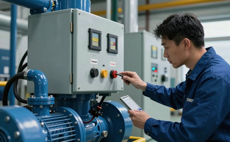 A technician inspecting a Tornatech fire pump control panel in an industrial mechanical room. Clean lines, metallic blue surfaces, and professional tools visible. High-contrast lighting highlights the modern industrial aesthetic.