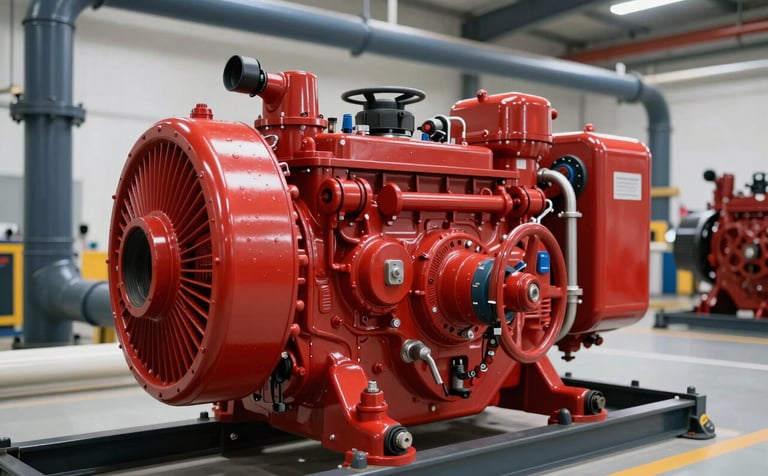 Professional photography of a large industrial diesel fire pump painted in fire-engine red, installed in a clean modern facility with charcoal blue and cloud white pipes. Sharp focus on the engine components, metallic textures, bright industrial lighting.