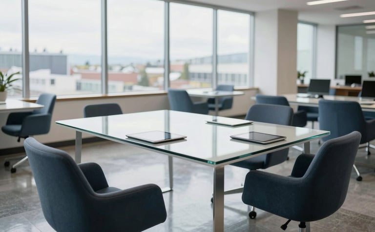 A bright, modern North American office interior in Spokane, Washington. A clean glass desk with professional tablets, minimalist furniture in slate blue and deep navy, and abundant natural light reflecting off polished floors.