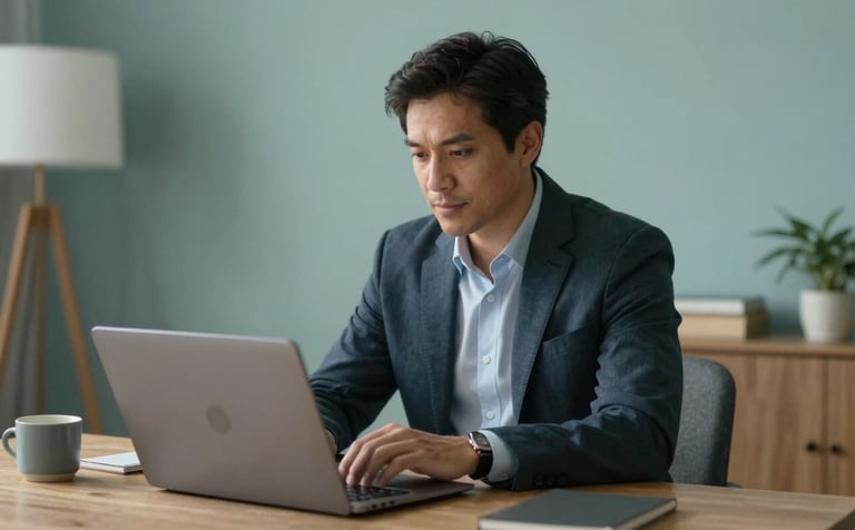 A North American professional in a sophisticated yet approachable home setting, using a sleek laptop. The environment is uncluttered and well-lit with soft teal accents, conveying a sense of personal financial ease.