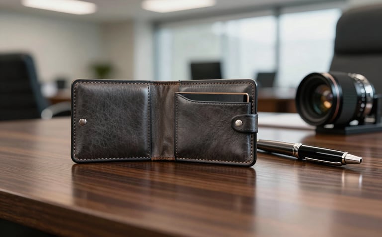 Close-up of a high-quality leather folder and professional pen on a polished mahogany desk in a North American corporate office. Sophisticated lighting with soft focus on a modern background.