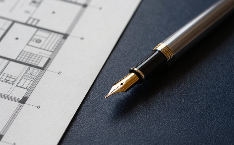 A close-up photograph of architectural plans and a classic fountain pen resting on a charcoal navy leather surface. The lighting is focused and warm, highlighting textures that suggest reliability and decades of experience.
