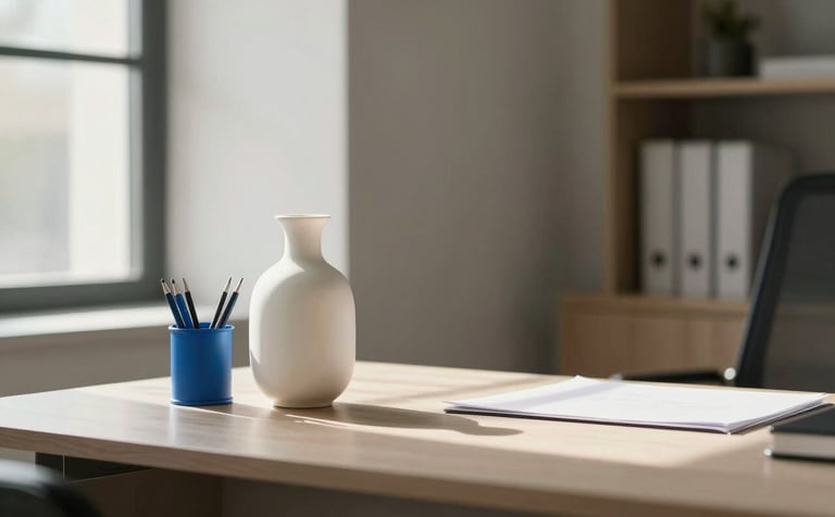 A minimalist, high-end professional office space with soft morning light. The scene features a desk with a simple pearl white vase and steel blue stationery. The atmosphere is sophisticated and clean, emphasizing quiet confidence and history.