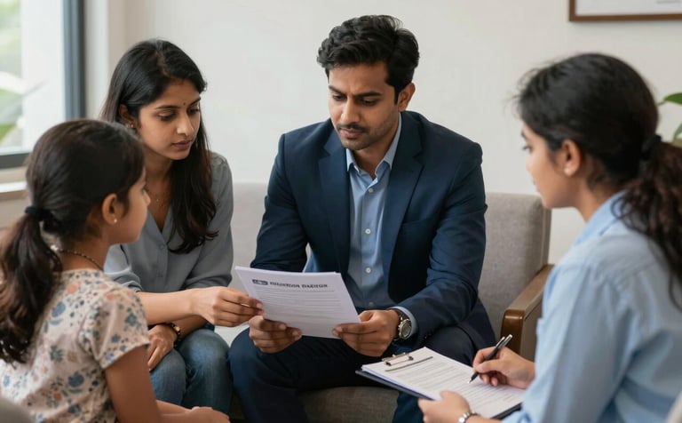 A professional advisor meeting a family in a South Asian / Indian consultancy office. They are reviewing migration documents together. Dark blue and light blue palette.