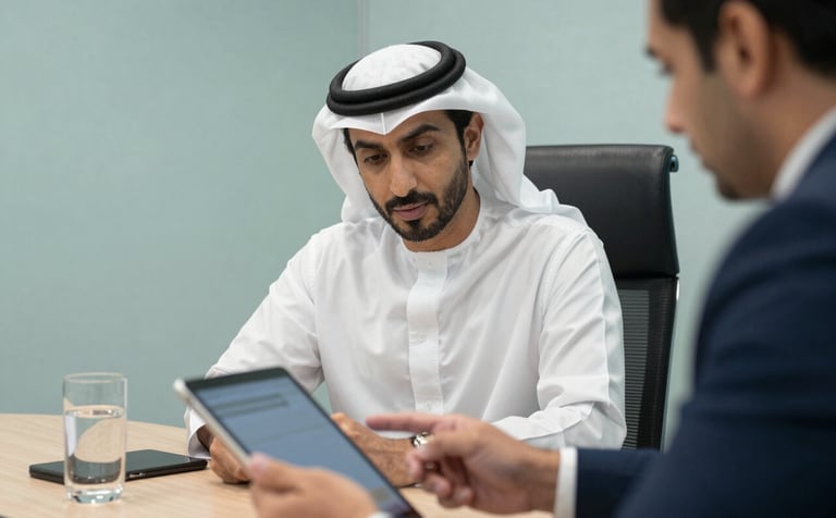 A close-up photographic shot of a professional strategic consultation meeting in a Middle Eastern / Gulf boardroom. Two experts are discussing a plan on a sleek tablet device. The lighting is bright and professional, with brand colors of dark navy and soft teal integrated into the office decor.