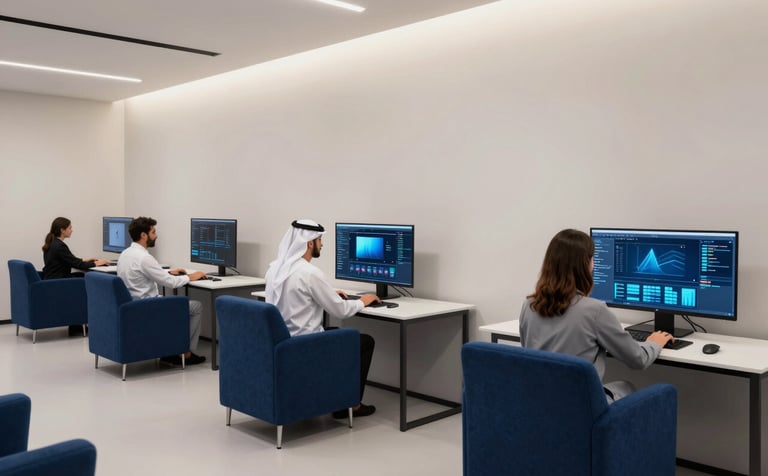 A clean, minimalist high-tech office environment in a modern Middle Eastern / Gulf city. Professionals are working on large digital displays showing advanced software interfaces. The room is styled with deep ocean blue furniture and soft off-white walls, emphasizing digital transformation.