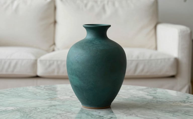 A minimalist living room scene featuring a matte ceramic vase in deep forest teal on a soft seafoam mist marble table. In the background, a pristine pearl white linen sofa is visible under soft, diffused lighting. The mood is tranquil and sophisticated, emphasizing quality over quantity.