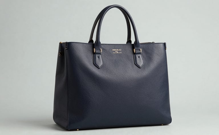 A professional studio photograph of a premium dark night navy leather tote bag, captured with side lighting to emphasize the fine grain of the leather. The background is a clean, neutral soft seafoam mist. The image exudes trust and luxury through its sharp focus and minimalist composition.