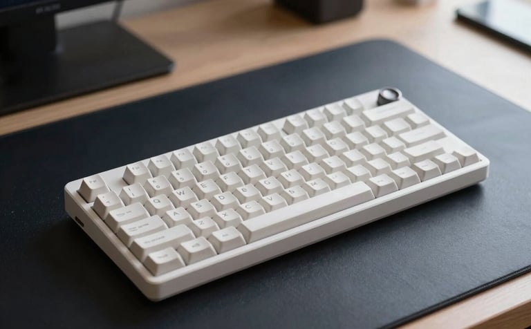 A close-up, high-angle photograph of a sleek, minimalist mechanical keyboard in pristine pearl white resting on a dark night navy desk mat. Soft, natural light from a window creates gentle shadows, highlighting the clean lines and premium texture. The composition is uncluttered, reflecting a modern workspace.