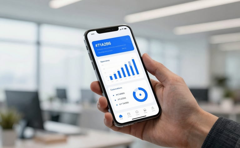 A close-up shot of a professional hand holding a sleek smartphone in a modern, bright office space. The screen displays a custom-designed mobile application with interactive data charts using the color #71A2B6. The composition is clean and forward-thinking, emphasizing cutting-edge design and user experience.