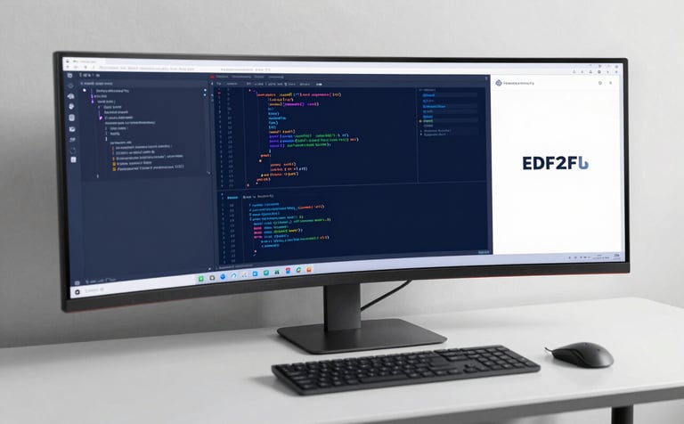 A high-angle shot of a modern, clean programmer workstation featuring a large curved monitor displaying complex software code and system architecture diagrams. The lighting is professional and minimalist, incorporating the brand colors #1A2E35 and #EDF2F4. The overall mood is one of sophisticated technical expertise.