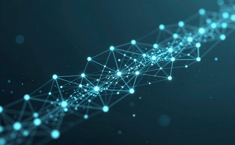 A conceptual, abstract digital rendering of interconnected data nodes and glowing pathways in a deep teal space (#1A2E35). Shimmering accents in light blue #71A2B6 represent the flow of information and automated processes. Modern, professional, and innovative aesthetic.