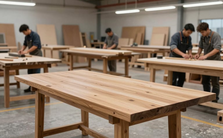 A clean, bright North American woodworking facility showing skilled craftsmen at work. In the foreground, a beautifully finished solid oak table reflects soft light. The space is professional, organized, and sophisticated with warm wood tones and grey accents.