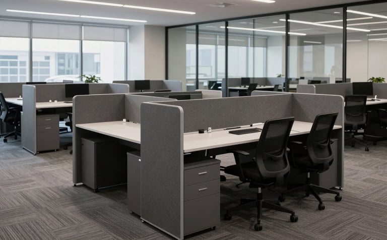 A contemporary North American corporate office space featuring ergonomic modular workstations. The design utilizes dark grey furniture and glass partitions, emphasizing a professional and productive environment with clean lines.