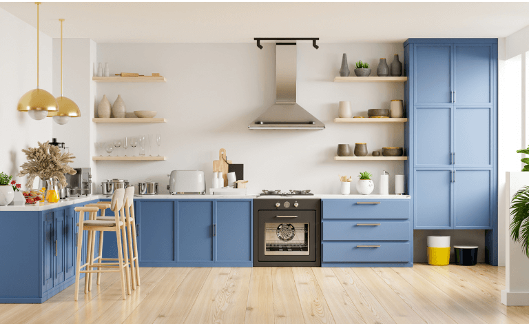 Modern kitchen featuring blue cabinets, open wooden shelving, and stainless steel appliances.