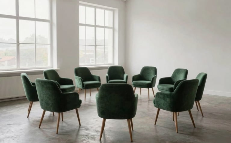 A circle of comfortable chairs in a bright, modern studio. Large windows let in soft light, highlighting a serene atmosphere with misty white walls and professional deep slate green furniture details.