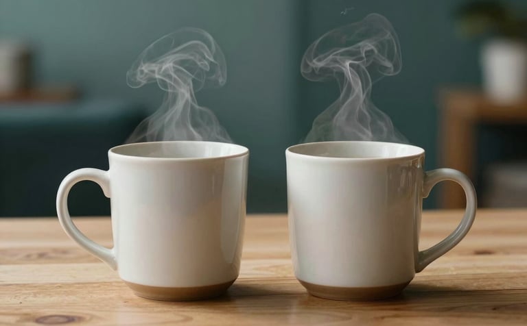 A close-up photograph of two steaming ceramic mugs on a light wood table, symbolizing dialogue. The background is softly blurred with muted teal and deep slate green accents in a calm indoor setting.
