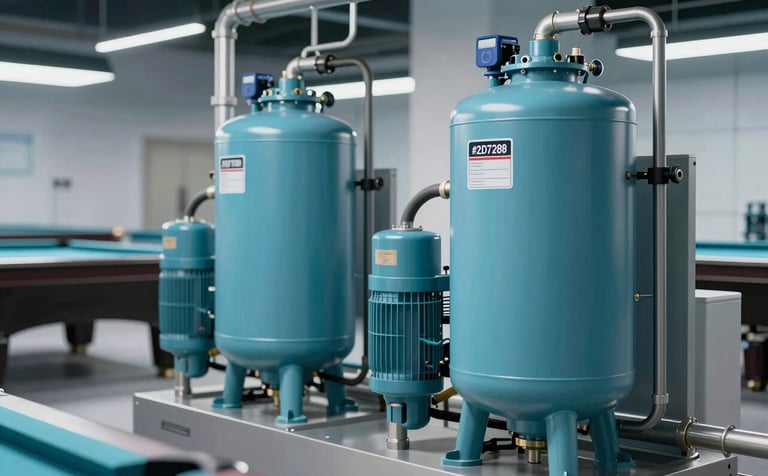 A professional pool machine room with industrial-grade pool pumps, filtration tanks, and PVC piping systems. Modern, clean installation with labels. Lighting is crisp, highlighting the high-quality equipment in shades of #2D728F and steel.