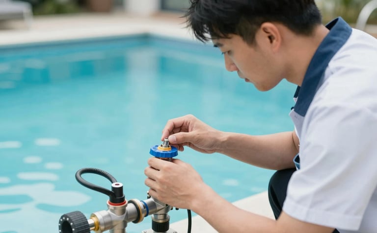 A technician in professional uniform examining a pool filtration system dial. Pristine outdoor pool environment in the background with #A2D9D9 water. Sharp focus on technical expertise and reliable service.