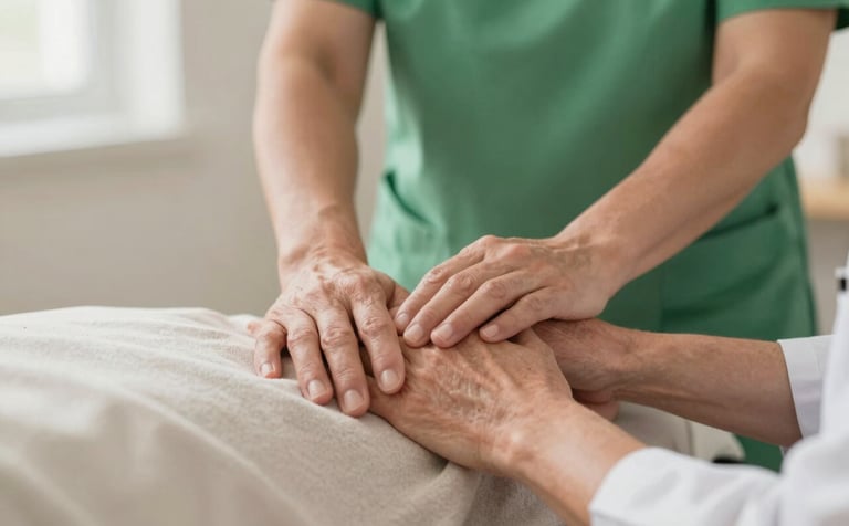 Close-up of a gentle hands-on physiotherapy session with an elderly patient. The lighting is warm and reassuring, showing professional care. Dr. Luciana's hands are visible. Colors include soft greens and off-whites from the brand palette (#4A7C73, #F4F9F8).