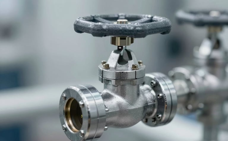 Close-up of a check valve and safety relief valve with chrome finish. Technical engineering style with sharp focus. Shadows and highlights utilize #1A202C and #E0E5ED for a modern industrial look.