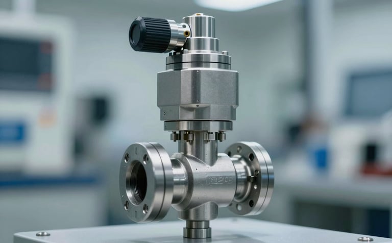 A high-precision industrial control valve with an automated actuator, made of polished stainless steel, in a clean engineering facility. The lighting is crisp, highlighting the mechanical detail and precision. Color palette includes #1A202C and #3C5F7F tones in the metallic reflections.