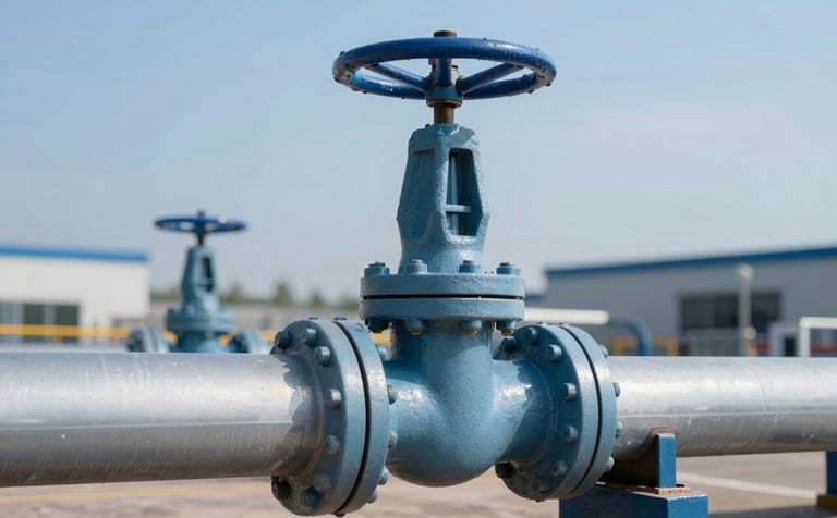 A robust industrial gate valve installed on a large-scale pipeline system. The scene is outdoors at an industrial complex with a blue sky background. The style is professional and authoritative, utilizing #3C5F7F and #8FA6BC colors in the atmosphere.