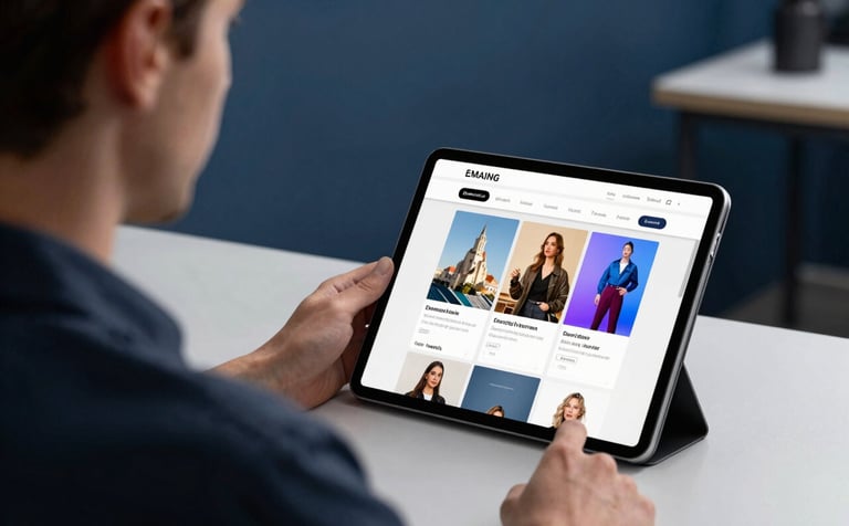 A professional in a European / French studio environment, viewed from the side, looking at a modern tablet showing a vibrant online store interface. The lighting is crisp and bright, highlighting a professional and innovative atmosphere with Muted Steel Blue and Deep Navy tones in the background.