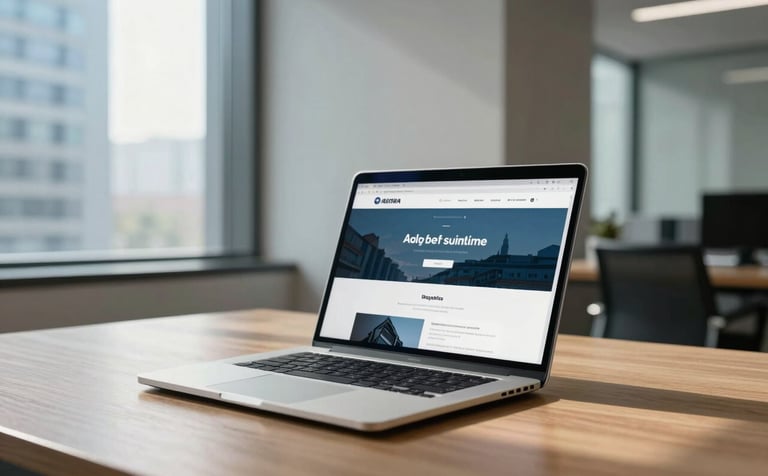 A high-end professional desk in a modern European / French corporate office. A sleek laptop sits on a wooden surface, displaying a minimalist, clean website. Soft morning sunlight filters through large windows. The scene features Sky Blue and Pale Mist Gray accents, conveying a sense of sophisticated efficiency.
