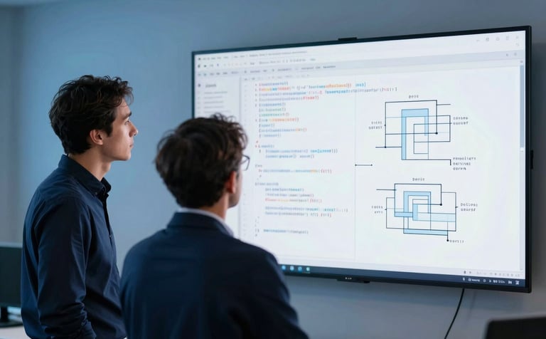 Two professionals collaborating in a high-tech European / French workspace. They are looking at a large wall-mounted screen displaying clean code and architecture plans. The mood is one of collaboration and precision, with Deep Navy and Sky Blue lighting.