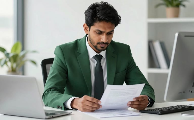 A professional South Asian man in a sharp forest green suit sitting at a white desk in a modern Indian office, carefully reviewing financial documents. The office is bright with natural light and hints of pale green plants.
