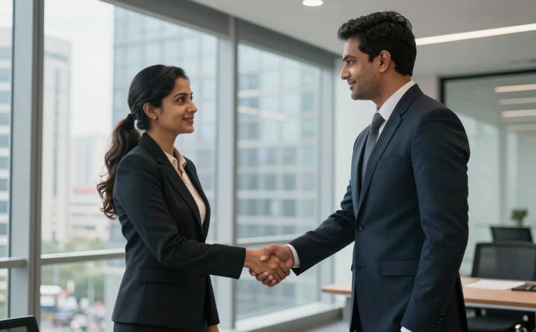 Two professional South Asian business partners, a man and a woman, shaking hands in a sleek corporate office in a modern Indian city center, with large windows.