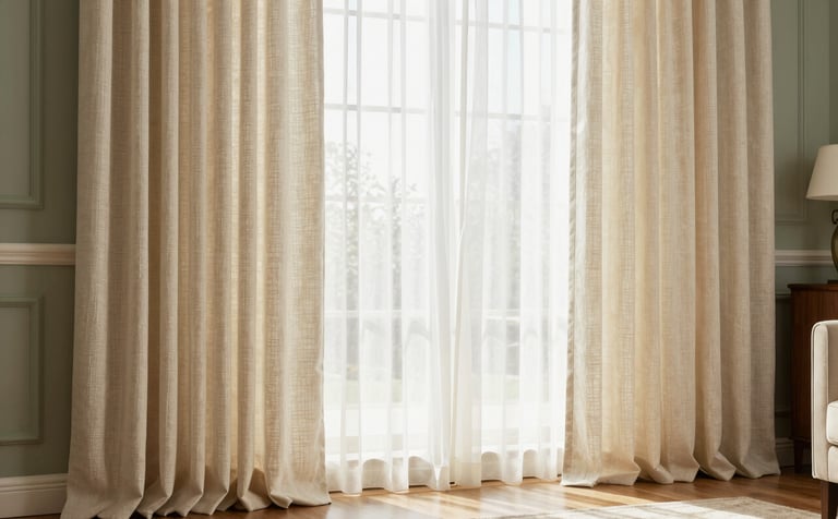 A high-end North American living room featuring floor-to-ceiling cream linen curtains and sheer drapes. The sunlight filters through softly, highlighting the rich texture of the fabric. The setting is elegant and comfortable with warm wood accents and sage green decorative elements.