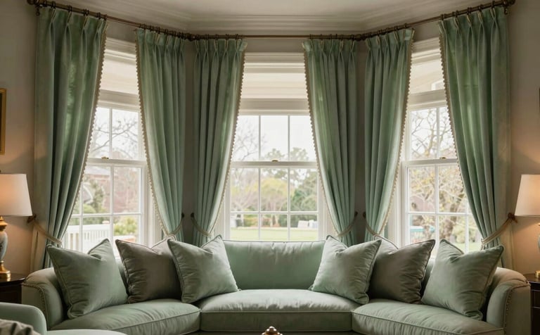 A comprehensive interior view of a luxury North American home where window treatments and soft furnishings are perfectly coordinated. Sage green pillows match the elegant drapes, creating a harmonious and sophisticated atmosphere with warm, inviting lighting.