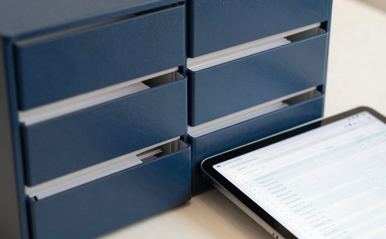 A close-up photograph of a organized physical filing system and a tablet showing a neat digital spreadsheet. The composition is clean and focused, using a color palette of midnight blue and cool off-white to emphasize efficiency and meticulous document organization.